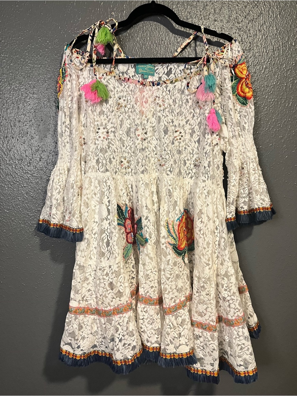 White Lace Off-Shoulder Dress with Colorful Tassels & Embroidered Flowers